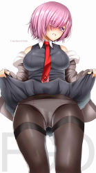Rule 34 | 1girl, bare shoulders, between breasts, black-framed eyewear, black dress, black pantyhose, blush, breasts, clothes lift, copyright name, dress, dress lift, eyes visible through hair, fate/grand order, fate (series), from below, glasses, gluteal fold, grey jacket, hair over one eye, highres, jacket, large breasts, legs apart, lifted by self, long sleeves, looking at viewer, looking down, mash kyrielight, necktie, necktie between breasts, off shoulder, open clothes, open jacket, panties, panties under pantyhose, pantyhose, parted lips, pink hair, purple eyes, red necktie, short hair, simple background, solo, thighband pantyhose, underwear, white background, white panties, yamada naoko (hideko1227)