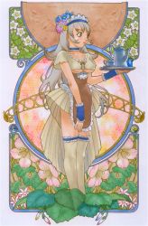 Rule 34 | 1girl, art nouveau, breasts, flower, lipstick, long hair, maid, makeup, solo, standing, thighhighs, underboob, yoshizaki mine