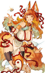 Rule 34 | 1girl, animal ears, arm cuffs, blunt bangs, breasts, cleavage, coin, cropped legs, extra tails, fox ears, fox tail, grin, hair ribbon, highres, kemomin nosuke, large breasts, looking at viewer, multicolored hair, orange eyes, orange hair, orange nails, original, pelvic curtain, ribbon, robe, sidelocks, smile, tail, thigh strap, waist cape, white background, white hair, white robe, wrist cuffs
