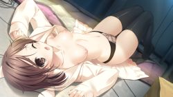 Rule 34 | 1girl, black thighhighs, breasts, brown eyes, brown hair, feet, game cg, kiss ato, legs, lying, navel, nipples, no bra, no shoes, open clothes, open mouth, open shirt, panties, shirt, short hair, small breasts, takanashi madoka, takei ooki, tears, thighhighs, thighs, underwear, wince