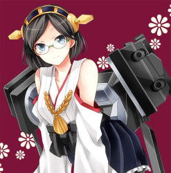 Rule 34 | 10s, 1girl, bare shoulders, black hair, detached sleeves, glasses, hairband, japanese clothes, kantai collection, kirishima (kancolle), kubyou azami, miko, pantyhose, personification, short hair, smile, solo