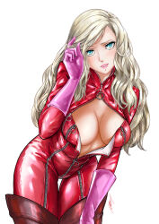 Rule 34 | 1girl, albyee, blonde hair, blue eyes, bodysuit, breasts, commentary, commission, english commentary, hair down, hair ornament, hairclip, large breasts, leaning forward, long hair, looking at viewer, parted lips, partially unzipped, persona, persona 5, red bodysuit, simple background, solo, takamaki anne, thigh gap, wavy hair, white background, zipper, zipper pull tab
