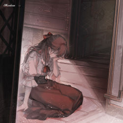 Rule 34 | 1girl, absurdres, bare arms, brown skirt, chinese commentary, commentary request, corset, crying, dress, hand on own face, hidden face, highres, kneeling, long hair, lord of the mysteries, melissa moretti, no.9 yualuodesi mimitongxinzhong, on floor, open mouth, red ribbon, ribbon, short sleeves, skirt, sobbing, solo, tears, wall, wardrobe, wooden floor