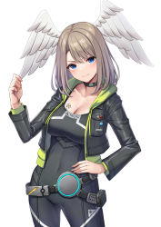 Rule 34 | &gt;:), 1girl, absurdres, black bodysuit, black collar, black jacket, blue eyes, blush, bodysuit, breasts, brown hair, cleavage, closed mouth, collar, collarbone, commentary request, covered navel, drawstring, eunie (xenoblade), feathered wings, green jacket, hair between eyes, hand up, head wings, highres, hood, hood down, hooded jacket, jacket, looking at viewer, medium breasts, open clothes, open jacket, simple background, smile, solo, v-shaped eyebrows, white background, white wings, wings, xenoblade chronicles (series), xenoblade chronicles 3, ym (distance819)