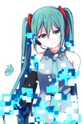 Rule 34 | 1girl, black sleeves, blue hair, blue necktie, closed mouth, collared shirt, detached sleeves, green eyes, grey shirt, hair between eyes, hatsune miku, headset, highres, long hair, long sleeves, looking at viewer, microphone, necktie, oda (101511a), shirt, simple background, sleeveless, sleeveless shirt, smile, solo, upper body, very long hair, vocaloid, white background, wing collar