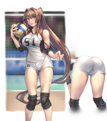 Rule 34 | 1girl, ass, ball, blush, breasts, brown eyes, brown hair, clothes writing, collarbone, feet out of frame, flower, hair between eyes, hair flower, hair intakes, hair ornament, highres, holding, holding ball, kantai collection, kokuzou, large breasts, long hair, multiple views, open mouth, pink flower, playing sports, ponytail, shirt writing, shorts, smile, sportswear, uniform, very long hair, volleyball, volleyball (object), volleyball net, volleyball uniform, white shorts, yamato (kancolle)