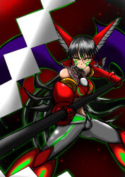 Rule 34 | 1girl, arm belt, armor, bare shoulders, black background, black hair, bow, breasts, collared shirt, crossover, elbow gloves, facial mark, facing viewer, feet out of frame, forehead mark, frilled bow, frilled hair tubes, frills, full body, fusion, gauntlets, getter robo, gloves, glowing lines, gohei, gradient background, greaves, green light, green outline, hair between eyes, hair bow, hair tubes, hakurei reimu, highres, holding, holding gohei, long hair, looking at viewer, mecha musume, midriff, nontraditional miko, onikudaisukiz, outline, purple wings, red armor, red background, red bow, red shirt, shide, shin getter-1, shin getter robo, shirt, silver legwear, solo, strapless, touhou, tube top, wings, yellow eyes