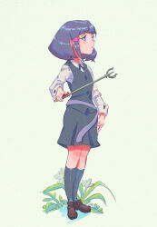 Rule 34 | 1girl, absurdres, avery (little witch academia), black necktie, boots, brown footwear, flower, from side, full body, grass, grey skirt, grey socks, hair ribbon, highres, holding, holding wand, little witch academia, looking to the side, luna nova school uniform, necktie, parted lips, pink ribbon, profile, puppet art, purple hair, ribbon, school uniform, shirt, short hair, sidelocks, simple background, skirt, sleeveless, sleeveless jacket, socks, solo, standing, wand, white background, white shirt