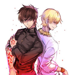 Rule 34 | 2boys, back-to-back, black shirt, blonde hair, bracelet, brown eyes, brown hair, closed eyes, fate/stay night, fate (series), gilgamesh (fate), jewelry, kotomine kirei, long sleeves, lowres, male focus, multiple boys, necklace, parted lips, shida (xwheel), shirt, simple background, sleeves rolled up, white background, white shirt