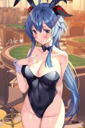 Rule 34 | 1girl, aile (crossroads), animal ears, bare shoulders, blue hair, blush, breasts, brown eyes, cleavage, detached collar, ganyu (genshin impact), genshin impact, goat horns, highres, horns, large breasts, leotard, long hair, looking at viewer, playboy bunny, solo, standing, wrist cuffs
