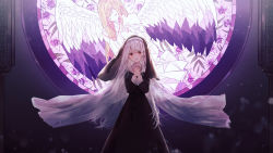 Rule 34 | 2girls, angel, angel wings, black dress, blonde hair, blurry, bokeh, closed eyes, commentary request, depth of field, dress, feet out of frame, flower, habit, highres, indoors, long hair, long sleeves, multiple girls, necojishi, nun, off-shoulder dress, off shoulder, original, own hands clasped, own hands together, parted lips, partial commentary, red eyes, solo focus, stained glass, standing, string, string around finger, string of fate, white dress, white hair, wings