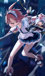 Rule 34 | 1girl, ahoge, apron, asymmetrical bangs, bare legs, black skirt, blue archive, blue ribbon, blurry, blurry background, braid, building, chain, city, collared shirt, colored shoe interior, dual wielding, earrings, falling, floating hair, foot out of frame, frilled apron, frills, full body, gun, highres, holding, holding gun, holding weapon, jacket, jewelry, layered skirt, long sleeves, maid apron, maid headdress, mole, mole under eye, motion blur, namaonpa, neck ribbon, neru (blue archive), night, open clothes, open jacket, outdoors, pink hair, pleated skirt, red eyes, ribbon, shirt, shoes, side braid, sig mpx, skirt, skyscraper, sneakers, solo, stud earrings, submachine gun, sukajan, undone neck ribbon, weapon, white shirt, white skirt, wind, wind lift