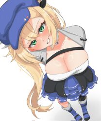 Rule 34 | 1girl, arms behind back, blonde hair, blue footwear, blue hat, blush, breasts, chest strap, choker, cleavage, dokibird (vtuber), frilled skirt, frills, green eyes, grin, hair between eyes, hat, head tilt, highres, indie virtual youtuber, large breasts, layered skirt, long hair, long sleeves, looking at viewer, shirt, simple background, skirt, smile, solo, standing, twintails, very long hair, virtual youtuber, washi (bbywashi), white background, white choker, white shirt