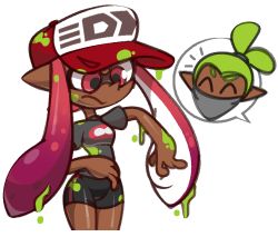Rule 34 | 1boy, 1girl, ^ ^, annoyed, bandana, bandana over mouth, baseball cap, bike shorts, breasts, closed eyes, closed mouth, clothes writing, cowboy shot, cropped legs, dark-skinned female, dark-skinned male, dark skin, green hair, grey shirt, hair tie, happy, hat, inkling, inkling (language), inkling girl, inkling player character, jaggy lines, long hair, looking down, nintendo, notice lines, paint, paint on clothes, pink eyes, pink hair, pointy ears, red headwear, shiny skin, shirt, short hair, short sleeves, sideways mouth, small breasts, solo focus, speech bubble, splatoon (series), splatter, suction cups, tentacle hair, tentacles, topknot, twintails, v-shaped eyebrows, vilepluff