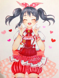 Rule 34 | 10s, 1girl, artist name, artist request, black hair, blush, bow, bowtie, bracelet, center frills, closed eyes, double m/, female focus, frills, hairband, highres, jewelry, looking at viewer, love live!, love live! school idol festival, love live! school idol project, nico nico nii, open mouth, polka dot hairband, red bow, red bowtie, red eyes, red hairband, sash, short sleeves, sidelocks, smile, solo, standing, twintails, wrist bow, yazawa nico