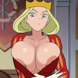 Rule 34 | 1girl, animated, animated gif, areola slip, blonde hair, blue eyes, bouncing breasts, breasts, bursting breasts, castle, clothes pull, collarbone, crown, divine wine (vampiranhya), dress, elbow gloves, flag, flashing, gloves, hilling (ousama ranking), huge breasts, indoors, jitome, large breasts, long hair, looking at viewer, nipple slip, nipples, no bra, ousama ranking, red dress, solo, teasing