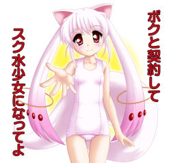 Rule 34 | 10s, 1girl, animal ears, cat ears, kyubey, long hair, mahou shoujo madoka magica, mahou shoujo madoka magica (anime), make a contract, neopure, one-piece swimsuit, outstretched arm, personification, red eyes, school swimsuit, solo, swimsuit, tail, translation request, twintails, white hair, white one-piece swimsuit, white school swimsuit