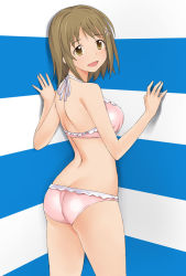 Rule 34 | 1girl, a1 (initial-g), against wall, ass, bikini, brown hair, flat ass, idolmaster, idolmaster cinderella girls, looking back, mimura kanako, open mouth, parody, short hair, smile, sofmap, sofmap background, solo, step and repeat, swimsuit, yellow eyes