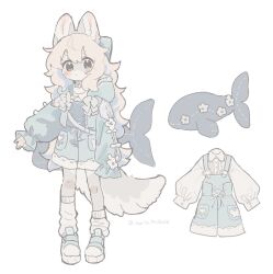 Rule 34 | 1girl, animal bag, animal ears, arm at side, asymmetrical legwear, backpack, bag, black eyes, blue jacket, blue overalls, blush stickers, bow, collared shirt, cross-laced clothes, dog ears, dog girl, dog tail, expressionless, full body, furry, furry female, gomafuto, hair bow, hood, hood down, hooded jacket, jacket, leg warmers, long hair, looking at viewer, open clothes, open jacket, original, overalls, puffy sleeves, sandals, shirt, signature, simple background, sleeves past fingers, sleeves past wrists, solo, standing, tail, twitter username, uneven legwear, wavy hair, white background, white hair, white shirt