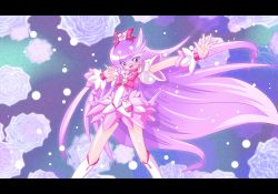 Rule 34 | \m/, blue eyes, boots, bow, brooch, cosplay, cure blossom, cure blossom (cosplay), cure moonlight, dress, flower, gradient hair, hair ribbon, heart, heartcatch precure!, jewelry, kuromaru-4321, letterboxed, long hair, multicolored hair, no nose, pink hair, precure, purple hair, ribbon, rose, smile, solo, tsukikage yuri, wrist cuffs