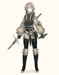 Rule 34 | 1girl, armor, belt, brown hair, buckler, elbow pads, fantasy, full body, grey eyes, highres, holding, holding polearm, holding shield, holding weapon, km yama, knee pads, long hair, long sleeves, open mouth, original, partisan (weapon), pauldrons, polearm, pouch, sheath, shield, short hair with long locks, short sword, shoulder armor, sidelocks, simple background, single elbow pad, single pauldron, solo, standing, sword, weapon, white background