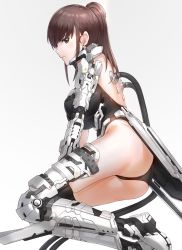Rule 34 | 1girl, armor, armored boots, ass, black leotard, black thighhighs, boots, breasts, brown eyes, brown hair, gradient background, kfr, large breasts, leotard, long hair, looking at viewer, looking back, lying, mecha musume, on side, original, ponytail, sidelocks, solo, thighhighs, thighs