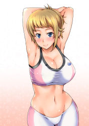 Rule 34 | 10s, 1girl, armpits, arms behind head, arms up, bike shorts, blonde hair, blue eyes, blush, breasts, cleavage, covered erect nipples, gradient background, groin, gundam, gundam build fighters, gundam build fighters try, hoshino fumina, johnny (from scratch), large breasts, looking at viewer, midriff, navel, short hair, smile, solo, sports bra, taut clothes