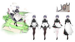Rule 34 | 1girl, apron, azur lane, bellona (armed to clean) (azur lane), bellona (azur lane), breasts, brown pantyhose, character sheet, commentary, concept art, dress, frilled apron, frilled dress, frills, full body, gloves, hair ornament, highres, large breasts, light purple hair, looking at viewer, maid, maid apron, maid headdress, multiple views, official alternate costume, ohisashiburi, on grass, open mouth, pantyhose, petals, purple eyes, short hair, simple background, smile, variations, waist apron, white apron, white background