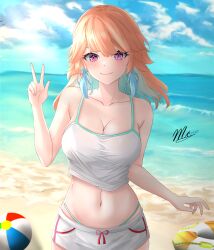 Rule 34 | 1girl, absurdres, ball, bare shoulders, beach, beachball, bikini under shorts, bird, blue feathers, blue sky, breasts, cleavage, closed mouth, cloud, collarbone, day, dolphin shorts, feathers, gradient hair, hand up, highres, hololive, hololive english, innertube, large breasts, long hair, looking at viewer, midriff, multicolored hair, navel, ocean, orange hair, outdoors, purple eyes, shde odeenz, shorts, signature, sky, smile, solo, stomach, swim ring, takanashi kiara, tank top, virtual youtuber, w, white tank top