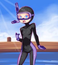 Rule 34 | 1girl, black one-piece swimsuit, blue eyes, bodysuit, cloud, diving mask, diving suit, drantyno, gloves, goggles, highres, light rays, looking at viewer, one-piece swimsuit, open mouth, purple gloves, sky, snorkel, sparkle, standing, sunbeam, sunlight, swimsuit, teeth, water, wet, wetsuit