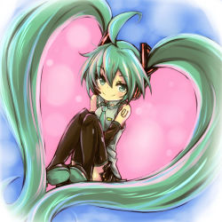 Rule 34 | 1girl, bare shoulders, boots, green eyes, green hair, hatsune miku, heart, long hair, matching hair/eyes, necktie, skirt, smile, solo, tanashi (mk2), thigh boots, thighhighs, twintails, very long hair, vocaloid