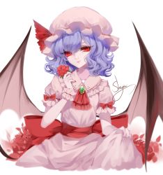 Rule 34 | 1girl, absurdres, artist name, ascot, bad id, bad twitter id, bat wings, blue hair, bow, brooch, commentary, cowboy shot, dress, eyelashes, eyes visible through hair, flower, frilled shirt collar, frills, hand up, hat, hat ribbon, head tilt, highres, holding, holding flower, jewelry, looking at viewer, mob cap, pink dress, pink hat, pink lips, puffy short sleeves, puffy sleeves, red ascot, red bow, red eyes, red flower, red ribbon, red rose, red sash, remilia scarlet, ribbon, rose, sash, sheya, short sleeves, signature, simple background, skirt hold, smile, solo, standing, touhou, white background, wings, wrist cuffs