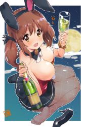 Rule 34 | 10s, 1girl, :d, animal ears, bare shoulders, blush, bottle, breasts, brown eyes, brown hair, rabbit ears, rabbit tail, cleavage, cup, drinking glass, feet, female focus, fishnet pantyhose, fishnets, hair ribbon, heart, heart-shaped pupils, high heels, idolmaster, idolmaster cinderella girls, large breasts, long hair, looking at viewer, open mouth, pantyhose, ribbon, shoes, unworn shoes, single shoe, sitting, skirt, smile, solo, symbol-shaped pupils, tail, tetsujin momoko, toes, totoki airi, twintails, wine bottle, wine glass