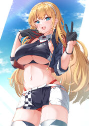 Rule 34 | 1girl, :d, absurdres, azur lane, black gloves, black jacket, blonde hair, blue eyes, blue sky, blush, breasts, clothing cutout, cloud, commission, cosplay, crop top, cropped jacket, gloves, hairband, half gloves, highres, jacket, large breasts, long hair, looking at viewer, moyoron, navel, north carolina (azur lane), official alternate costume, open mouth, panties, prinz eugen (azur lane), prinz eugen (azur lane) (cosplay), prinz eugen (final lap) (azur lane), race queen, red panties, skeb commission, skirt, sky, smile, solo, standing, stomach, underboob, underboob cutout, underwear, very long hair, white background, white hairband, white skirt