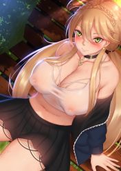 Rule 34 | 1girl, absurdres, ahoge, arm support, artoria pendragon (fate), artoria pendragon (lancer) (fate), bare shoulders, bench, black skirt, blonde hair, blush, braid, breasts, choker, cleavage, closed mouth, commentary, covered erect nipples, crop top, crown braid, earrings, fate/grand order, fate (series), female pubic hair, from above, genkung, grass, green eyes, hair between eyes, hair tie, highres, jacket, unworn jacket, jewelry, large breasts, long hair, low twintails, navel, nipples, off shoulder, open clothes, open jacket, outdoors, park, park bench, pubic hair, pussy, pussy juice, see-through, shirt, sidelocks, sitting, skirt, smile, solo, sweat, swept bangs, twintails, white shirt