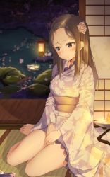 Rule 34 | 1girl, absurdres, bad id, bad pixiv id, bare legs, barefoot, blush, brown eyes, brown hair, closed mouth, commentary request, fingernails, floral print, flower, forehead, hair flower, hair ornament, highres, huge filesize, hyonee, indoors, japanese clothes, kimono, lantern, long hair, long sleeves, night, obi, original, own hands together, parted bangs, petals, pink flower, print kimono, purple kimono, rose, sash, sitting, solo, toenails, very long hair, water, white flower, white rose, wide sleeves, yokozuwari