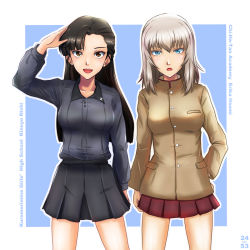 Rule 34 | 2girls, artist logo, asymmetrical bangs, black hair, black skirt, blue background, blue eyes, border, brown eyes, brown jacket, character name, chi-hatan school uniform, commentary request, cosplay, costume switch, dress shirt, english text, girls und panzer, grey shirt, hand on own hip, high collar, insignia, itsumi erika, jacket, kuromorimine school uniform, light frown, long hair, long sleeves, looking at viewer, medium hair, miniskirt, multiple girls, nishi itsumi, nishi kinuyo, open mouth, outline, outside border, partial commentary, pleated skirt, red skirt, salute, school uniform, shirt, side-by-side, silver hair, skirt, smile, standing, straight hair, white border, white outline, wing collar