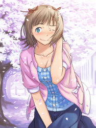 Rule 34 | 1girl, adjusting hair, amami haruka, blue eyes, blush, breasts, brown hair, casual, cherry blossoms, cleavage, idolmaster, idolmaster (classic), inu (aerodog), large breasts, one eye closed, petals, skirt, smile, solo, tree, wavy mouth, wind, wink