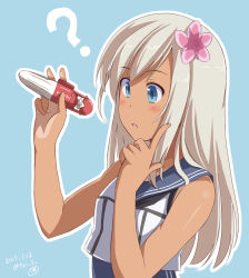 Rule 34 | 10s, 1girl, 2017, ?, blonde hair, blue eyes, crop top, dated, flower, hair flower, hair ornament, index finger raised, kantai collection, long hair, one-piece tan, ro-500 (kancolle), sailor collar, school swimsuit, solo, swimsuit, swimsuit under clothes, tan, tanline, torpedo, tri, twitter username