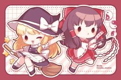 Rule 34 | 2girls, :3, apron, black dress, black footwear, black hair, black hat, blonde hair, bow, broom, broom riding, chibi, commentary request, detached sleeves, dress, gohei, hair bow, hair tubes, hakurei reimu, hat, hat bow, highres, holding, kirisame marisa, multiple girls, nada namie, one eye closed, open mouth, orb, parted lips, red bow, red skirt, ribbon-trimmed sleeves, ribbon trim, shoes, short sleeves, simple background, skirt, socks, star (symbol), touhou, twitter username, waist apron, white bow, white socks, wide sleeves, witch hat, yin yang, yin yang orb