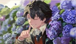 Rule 34 | 1boy, ;), agentj, black hair, black necktie, blue eyes, bug, butterfly, fate/grand order, fate (series), finger to mouth, flower, fujimaru ritsuka (male), fujimaru ritsuka (male) (mage&#039;s association uniform), grin, hydrangea, index finger raised, insect, male focus, necktie, official alternate costume, one eye closed, shushing, smile, solo, sweater