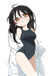 Rule 34 | 1girl, alternate costume, black hair, blush, breasts, closed mouth, coat, coat partially removed, collarbone, cowboy shot, crossed legs, glasses, half-closed eyes, head tilt, highres, kokaki mumose, lab coat, light frown, long hair, looking at viewer, medium breasts, messy hair, nervous, null-meta, open clothes, open coat, red-framed eyewear, school swimsuit, solo, souen chiaki, sweatdrop, swimsuit