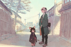 Rule 34 | 1boy, 1girl, animal ear request, animal ears, architecture, arms at sides, black hair, black pants, building, child, commentary request, east asian architecture, hair between eyes, holding, holding stick, japanese clothes, kimono, original, outdoors, pants, power lines, road, shoes, short hair, standing, stick, street, urabe (mstchan), utility pole, white hair, wide sleeves