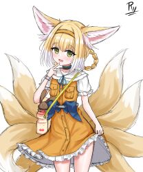 Rule 34 | 1girl, :d, absurdres, animal ear fluff, animal ears, arknights, blonde hair, blue ribbon, blush, collarbone, collared shirt, commentary, cowboy shot, dress, english commentary, finger to mouth, fox ears, fox girl, fox tail, frilled dress, frills, hair rings, hairband, hand up, highres, kitsune, looking at viewer, multicolored hair, neck ribbon, official alternate costume, open mouth, orange dress, orange hairband, puffy short sleeves, puffy sleeves, ribbon, rylaera, shirt, short sleeves, signature, simple background, skirt hold, sleeveless, sleeveless dress, smile, solo, standing, suzuran (arknights), suzuran (let&#039;s carnival!) (arknights), tail, two-tone hair, white background, white hair, white shirt