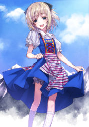 Rule 34 | 1girl, :d, blonde hair, bloomers, blue eyes, cloud, cross-laced clothes, day, dress, looking at viewer, matsuryuu, mountain, open mouth, original, puffy sleeves, short hair, short sleeves, skirt hold, sky, smile, solo, underwear, white legwear