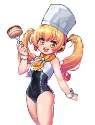 Rule 34 | 1girl, alternate breast size, blonde hair, blue one-piece swimsuit, cake, chef hat, covered navel, cowboy shot, cream puff, food, fork, hat, headphones, kam-ja, looking at viewer, nitroplus, one-piece swimsuit, orange eyes, pastry, school swimsuit, smile, solo, super pochaco, swimsuit, swimsuit under clothes, toque blanche, twintails
