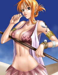 Rule 34 | 1girl, alabasta, arabian clothes, armband, armpits, bangle, blouse, bracelet, breasts, brown eyes, candy, cleavage, clima-tact, earrings, female focus, fingernails, food, gypsy, jewelry, kagami hirotaka, large breasts, log pose, lollipop, long fingernails, midriff, nami (one piece), narrow waist, navel, one piece, open clothes, open shirt, orange hair, outdoors, revealing clothes, sand, shirt, short hair, shoulder tattoo, sky, sleeveless, sleeveless shirt, solo, staff, tattoo, weapon