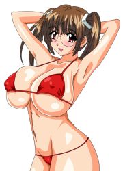 Rule 34 | 1girl, armpits, arms up, bikini, breasts, brown hair, divergence eve, glasses, highres, huge breasts, long hair, micro bikini, prim snowlight, red eyes, solo, swimsuit, twintails