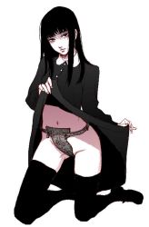 Rule 34 | 1girl, bdsm, black dress, black eyes, black hair, breasts, chastity belt, clothes lift, dress, expressionless, goth fashion, gothic, long hair, looking at viewer, mole, mole under eye, skirt, skirt lift, small breasts, solo, thighhighs