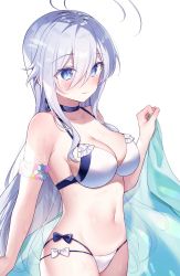 Rule 34 | 1girl, 86 -eightysix-, antenna hair, bare shoulders, bikini, blue bow, blue choker, blue eyes, bow, breasts, choker, cleavage, closed mouth, collarbone, commentary request, grey hair, gyozanuko, hair between eyes, highres, holding, holding towel, long hair, medium breasts, navel, simple background, solo, swimsuit, towel, very long hair, vladilena millize, white background, white bikini, white bow